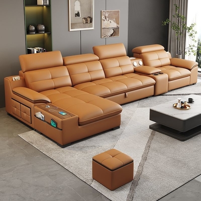 AiChuang Italian Style Modern Straight Row Telescopic Electric Multi-Function Living Room Leather Sofa Combination