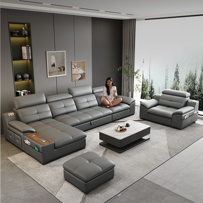 AiChuang Italian Style Modern Straight Row Telescopic Electric Multi-Function Living Room Leather Sofa Combination