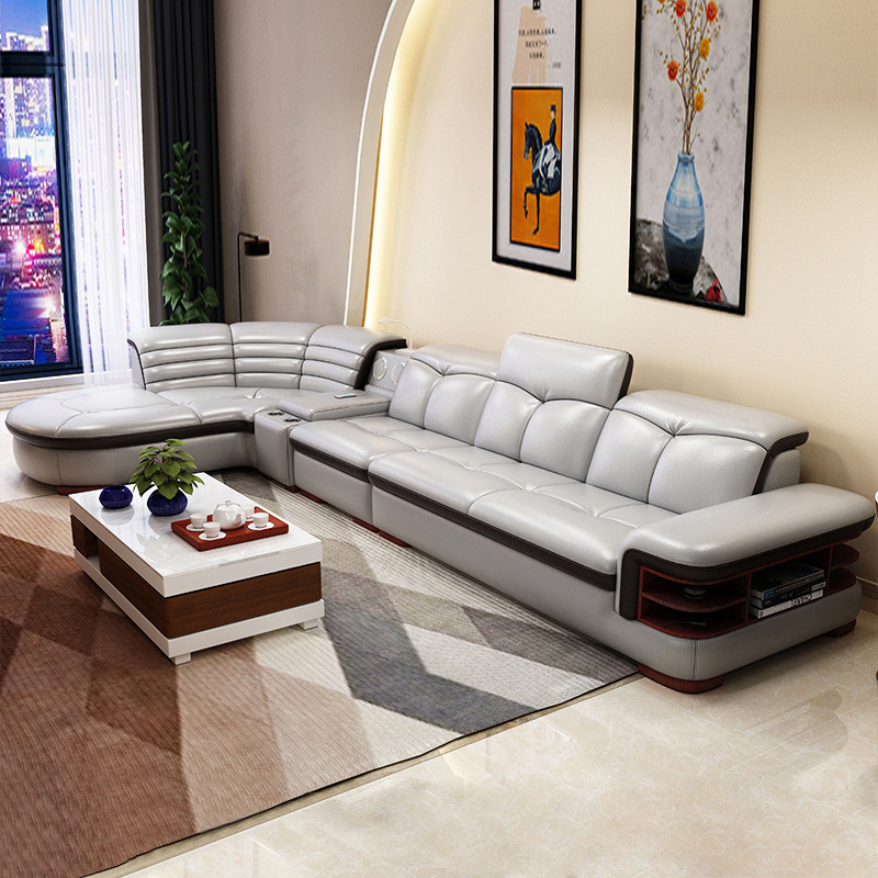 En's Fun Modern Simple Multi-Functional L-Shaped Living Room Leather Sofa Combination