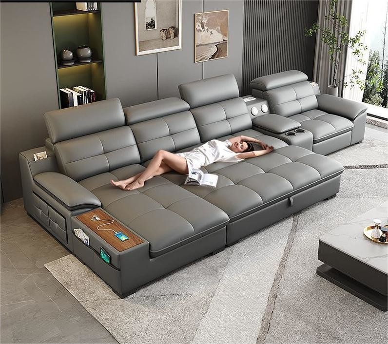 AiChuang Italian Style Modern Straight Row Telescopic Electric Multi-Function Living Room Leather Sofa Combination